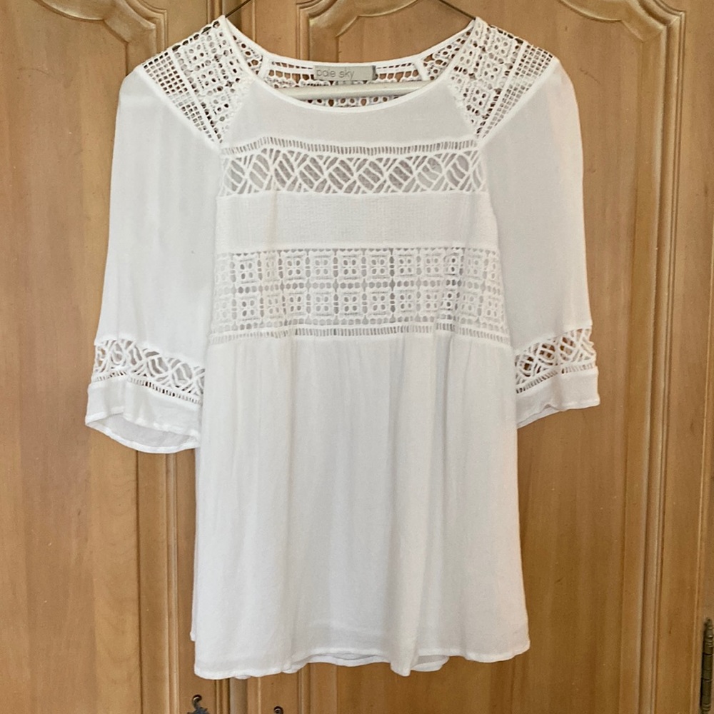 Pale Sky white crochet detailed top. Size S
